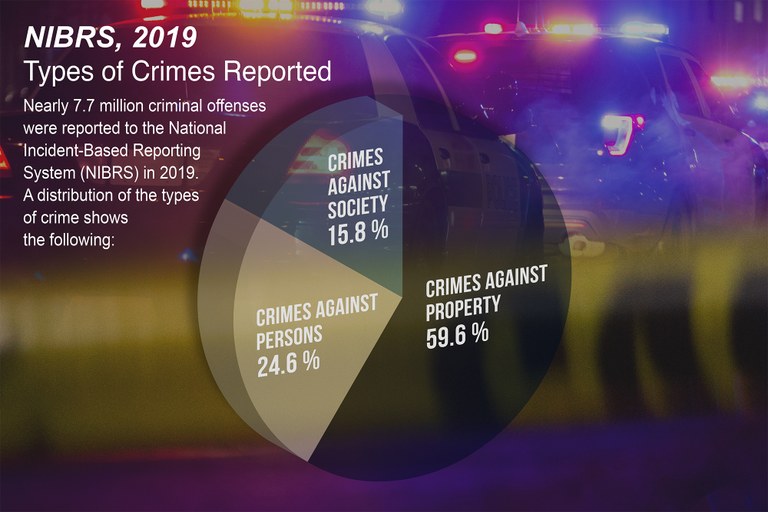 Pie chart showing the breakdown of types of crimes reported in the NIBRS, 2019 report.