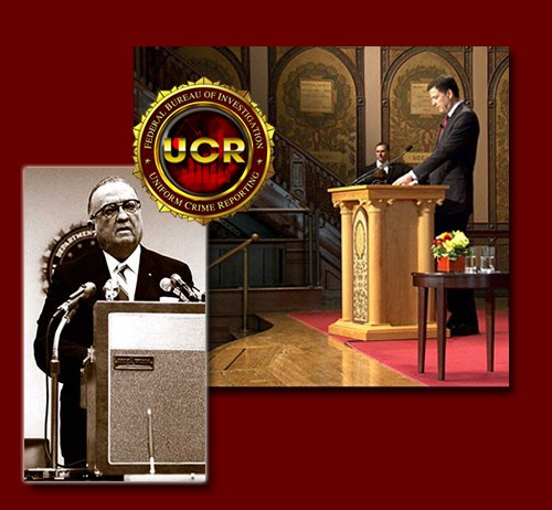 J. Edgar Hoover and James Comey are shown in two separate photos delivering speeches with UCR seal in foreground All FBI Directors rely on UCR data. 